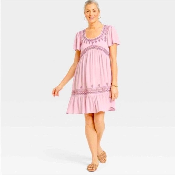 Flutter Short Sleeve Embroidered BOHO EMPIRE WAIST Dress MAUVE DUSTY PINK LARGE - Picture 9 of 11